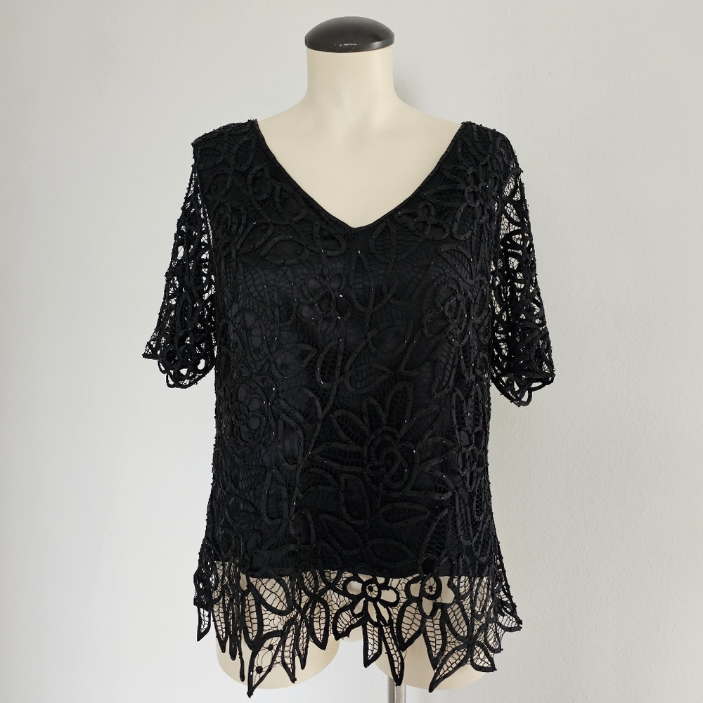 Silken Poetry Vintage Silk Hand Crochet Beaded Floral Witchy Elegant Blouse XL